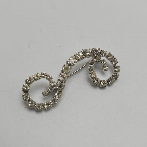 Vintage Clear Rhinestone Swirl Silver Tone Brooch Pin - Picture 2 of 4